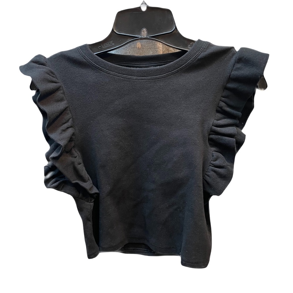 ❤️ ZARA BLACK RIBBED FLUTTER SLEEVE TOP SIZE SMALL